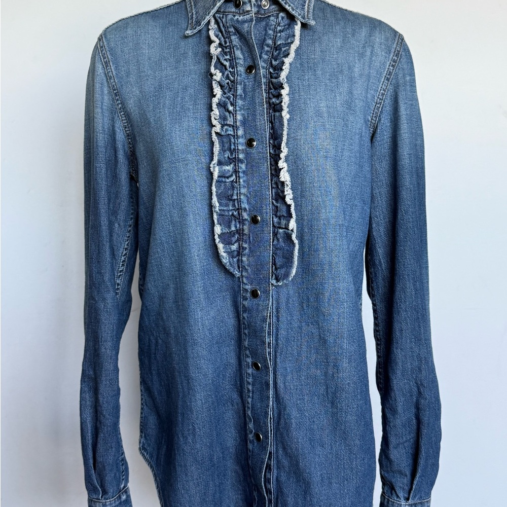 Saint Laurent Blue Denim Ruffle-Front Button-Down Shirt size S